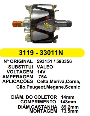 33011/3119 ROTOR VALEO CELTA/CORSA/PEUGEOT/RENAULT 14V 75A C148 D89.2 C/V
