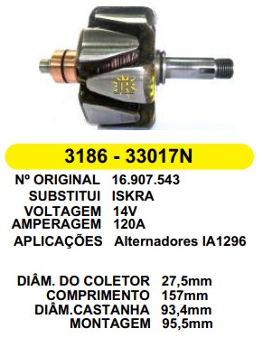 33017/3186 ROTOR ISKRA IA1296 120A 14V C157 D93.4 S/V