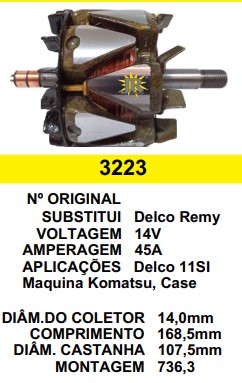 3223 ROTOR DELCO 11SI  CASE, KOMATSU 45A 28V C168.5 D107.5 C/V
