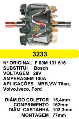 3233 ROTOR BOSCH TITAN VW/SCANIA 100A 28V C162 D103.3 C/V