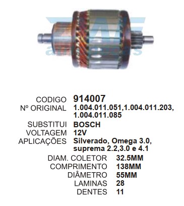 9020/914007 IND. PART. BOSCH OMEGA/SILVERADO 12V C138 D55 11D ZWF