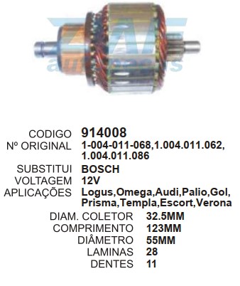 9021/914008 IND. PART. BOSCH VECTRA 12V C123 D55 11D ZWF
