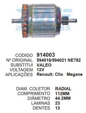 9022/914003 IND. PART. VALEO GM/RENAULT RADIAL 12V C112 D44 13D ZWF
