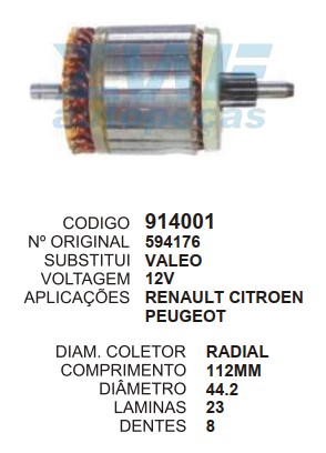 9045/914001 IND. PART. VALEO CITROEN/PEUGEOT/XSARA RADIAL 12V C112 D44 8D ZWF