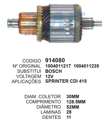 9097/914080 IND. PART. BOSCH SPRINTER/JETTA 12V C128.5 D52 11D ZWF