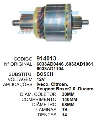 9030/914013 IND. PART. BOSCH DUCATO/IVECO/CITROEN/PEUGEOT 12V C140 D58 14D ZWF