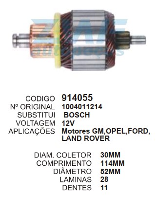 9036/914055 IND. PART. BOSCH LAND ROVER/GM/FORD 12V C114 D52 11D ZWF