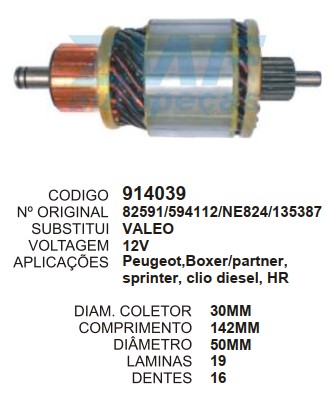 9064/914039 IND. PART. VALEO HYUNDAI/HR/SPRINTER 12V C142 D50 16D ZWF