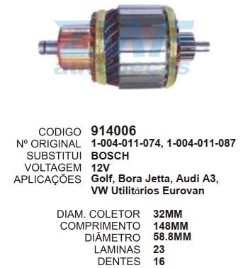 9078/914006 IND. PART. BOSCH EUROVAN 12V C148 D58.8 16D ZWF