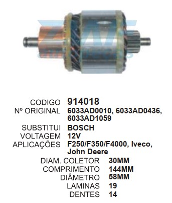 9079/914018 IND. PART. BOSCH F250/F350/F4000 LONGA 12V C144 D58 14D ZWF