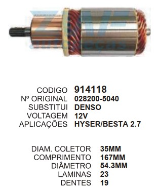 9086/914118 IND. PART. DENSO EMPILHADEIRA HYSTER/BESTA 2.7 12V C167 D54.3 19D ZWF