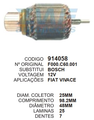 9135/914058 IND. PART. BOSCH FIAT VIVACE/UP/GOL G6 (MASSA MAIOR) 12V C98.18 D48 7D ZWF
