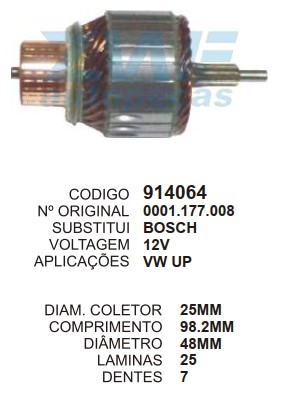 9146/914064 IND. PART. BOSCH FIAT VIVACE/UP/GOL G6 (MASSA MENOR) 12V C98.2 D48 7D ZWF