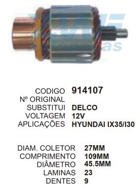 9167/914107 IND. PART. DELCO HYUNDAI IX35 12V C109.2 D45.5 9D ZWF