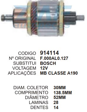 9176/914114 IND. PART. BOSCH MB CLASSE A190 12V C138.5 D52 14D ZWF
