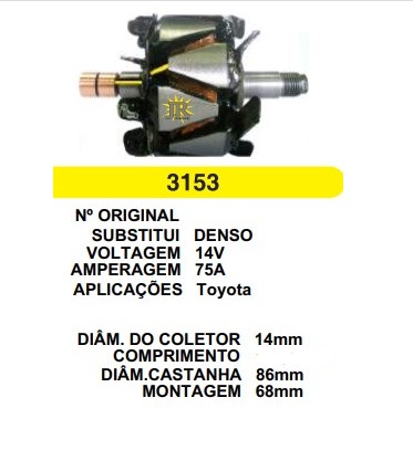 3153 ROTOR DENSO TOYOTA HILUX 75A 14V C142.5 D86 C/V