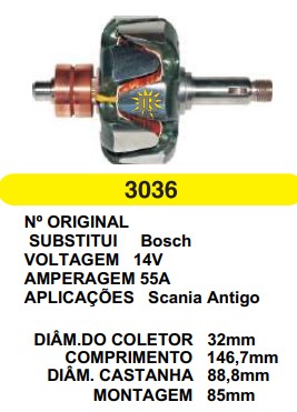 3036 ROTOR BOSCH SCANIA ANTIGO 55A 14V C146.7 D88.8 S/V