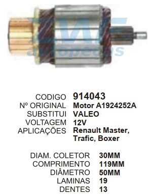9112/914043 IND. PART. VALEO RENAULT MASTER 12V C119 D50 13D ZWF