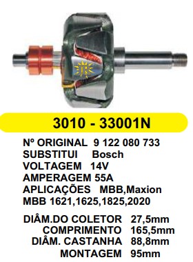 B9122080733/JR3010 ROTOR BOSCH DO ALT 55A 14V C165.5 D88.8 S/V
