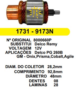9173  IND. PART. DELCO GM ONIX/PRISMA/COBALT/AGILE 12V C92.8 D48 8D 