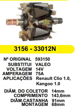 3156 ROTOR VALEO RENAULT CLIO/KANGOO 14V 75A C143.6 D91 C/V 