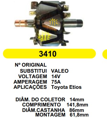 3410 ROTOR VALEO TOYOTA ETIOS 14V 75A C141.8 D86 C/V