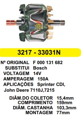 3217 ROTOR BOSCH SPRINTER CDI, JOHN DEERE 150A 14V C159 D103.3 C/V