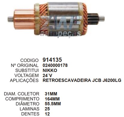 914135 IND. PART. NIKKO RETROESCAVADEIRA JCB J6200LG 24V C164 D55.5 12D ZWF