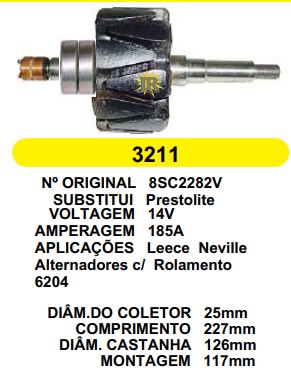 3211 ROTOR LUCAS NEVILLE C/ROL 6204 185A 14V C227 D126 S/V
