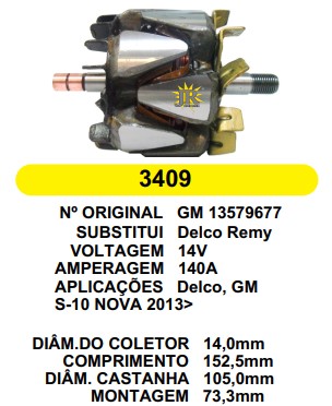 3409 ROTOR DELCO S10 2013> 14V 140A C152.5 D105 C/V