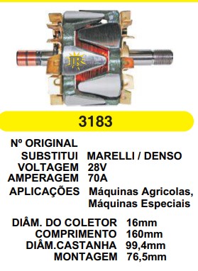 3183 ROTOR MARELLI MAQ.AGRICOLAS MAIOR 70A 28V C160 D99.4 C/V
