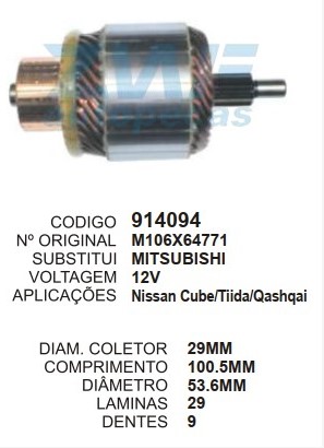 9159/800170 IND. PART. MITSUBISHI CUBE/TIDA 12V C100.5 D53.6 9D HS
