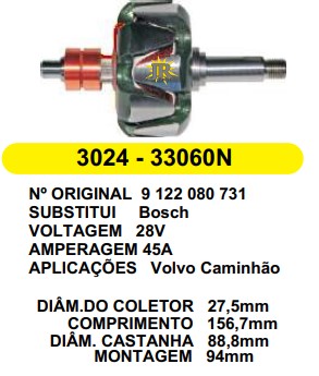 3024 ROTOR BOSCH VOLVO 28V 45A C156.7 D88.8 S/V