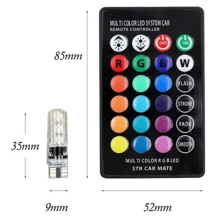 TP87 LAMPADA LED T10 RGB W5W CORES STROBE CONTROLE REMOTO 12V