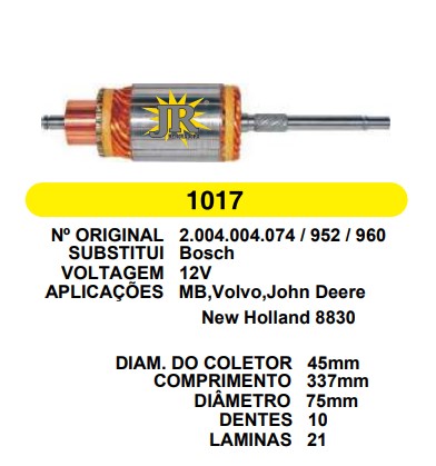 1017 IND. PART. BOSCH MB/VOLVO/J.DEERE/NEW HOLLAND 12V C337 D75 10D