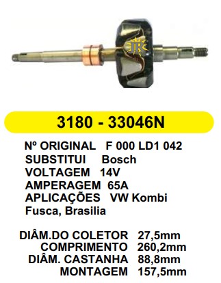 3180 ROTOR BOSCH BRASILIA FUSCA KOMBI 65A 14V C260.2 D88.8 S/V