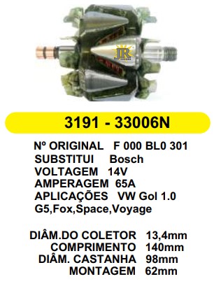 33006/3191 ROTOR BOSCH VW G5 C140 D98 65A 12V C/V