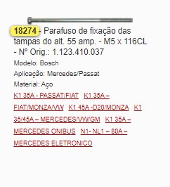 GB18274 PARAFUSO M5X116MM FIXACAO ALT. BOSCH 55A (10PÇS)