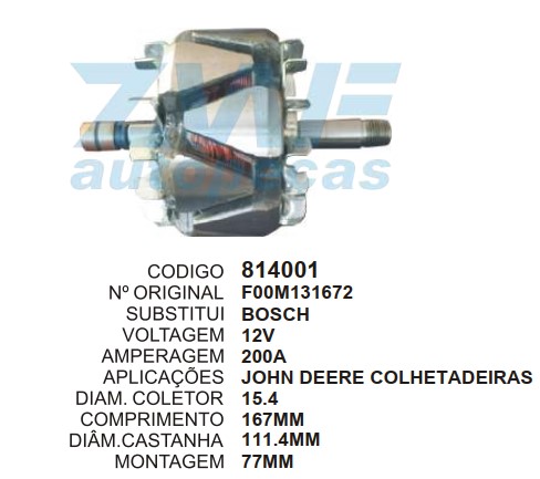 814001 ROTOR BOSCH COLHET. J.DEERE 111 200A 12V C167 D111.4 C/V