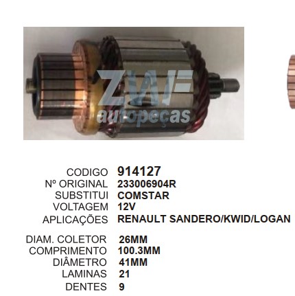 9166/914127 IND. PART. COMSTAR SANDERO/LOGAN/KWID 12V C100.3 D41 9D ZWF