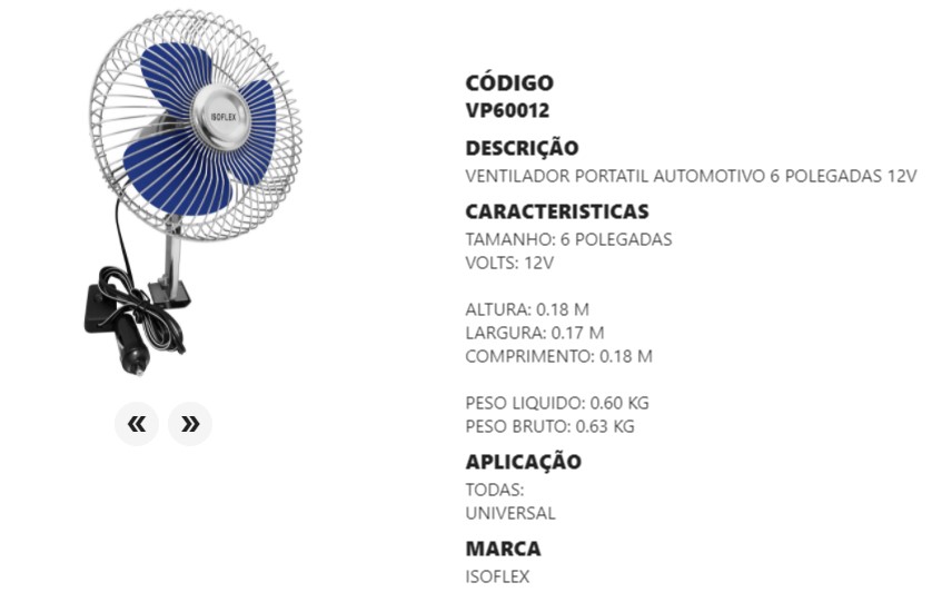 VP60012 VENTILADOR CABINE 6" AUTOMOTIVO 12V