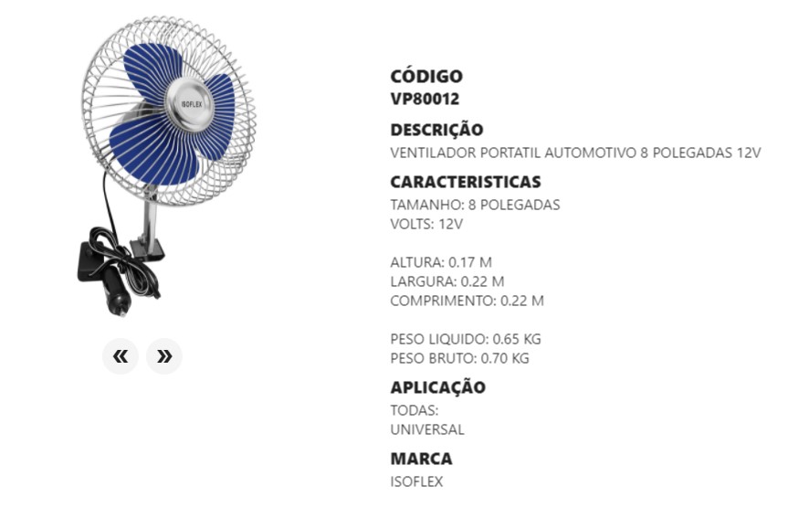 VP80012 VENTILADOR CABINE 8" AUTOMOTIVO 12V