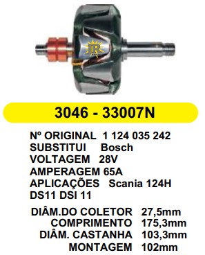 3046/LR3071 ROTOR BOSCH SCANIA 124H 65A 28V (LOTE) (LR) C175.3 D103.3 S/V