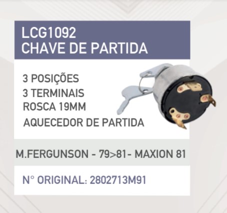 LCG1092 CHAVE DE PARTIDA TRATOR MF 3T C/AQUEC.3POS ROSCA 19MM