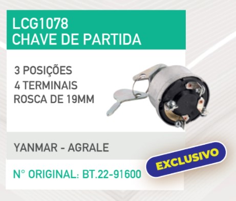 LCG1078 CHAVE DE PARTIDA TRATOR YANMAR/AGRALE 4T 3POS ROSCA 19MM