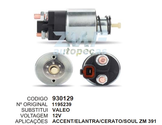 930129 AUTOMATICO PT. VALEO ACCENT/ELANTRA/CERATO/SOUL/HB20 12V ZM391 "MENOR"