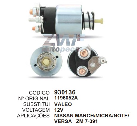930136 AUTOMATICO PT. VALEO NISSAN MARCH/MICRA/VERSA 12V ZM7391