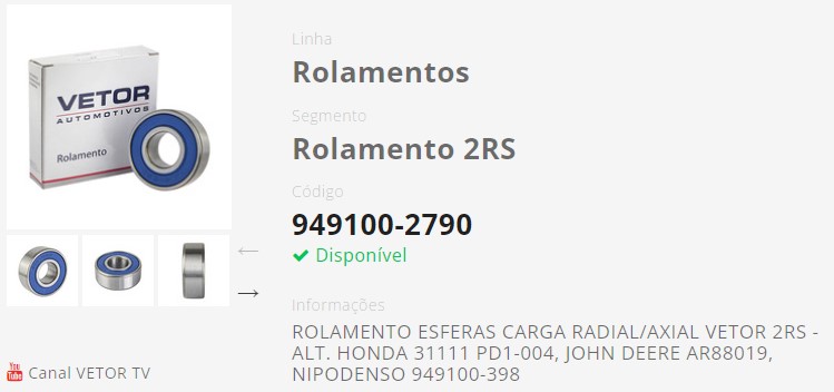 VTR9491002790 ROLAMENTO ALTERNADOR HONDA/JOHN DEERE NIPODENSO