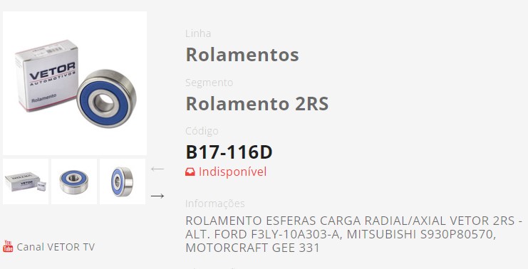 VTRB17116D ROLAMENTO ALTERNADOR MITSUB/MOTORCRA. 17X52X18