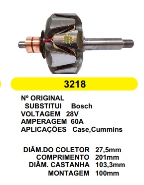 3218 ROTOR BOSCH CASE CUMMINS 60A 28V C201 D103.3 S/V